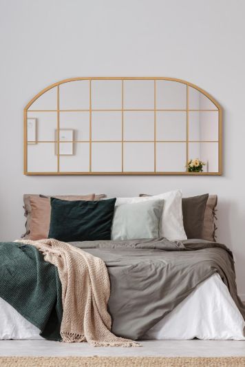The Arcus - Gold Metal Framed Window Arched Wall or Mantle Mirror 69" X 33" (174CM X 85CM)