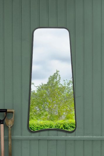 The Coartans - New Black Metal Isoscelles Trapezoid Shape Framed Garden Wall Mirror with arched bottom. 48" X 23" (122CM X 58CM).