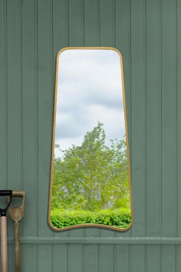 The Coartans - New Gold Metal Isoscelles Trapezoid Shape Framed Garden Wall Mirror with arched bottom. 48" X 23" (122CM X 58CM).