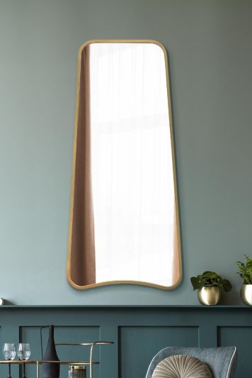 The Coartans - New Gold Metal Isoscelles Trapezoid Shape Framed Wall Mirror with arched bottom. 48" X 23" (122CM X 58CM).