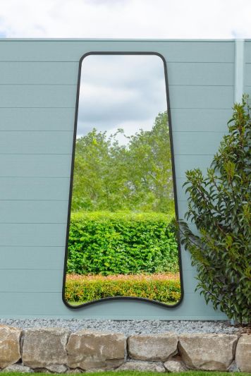 The Coartans - New Black Metal Isoscelles Trapezoid Shape Framed Garden Wall Mirror with arched bottom. 71" X 34" (180CM X 85CM)
