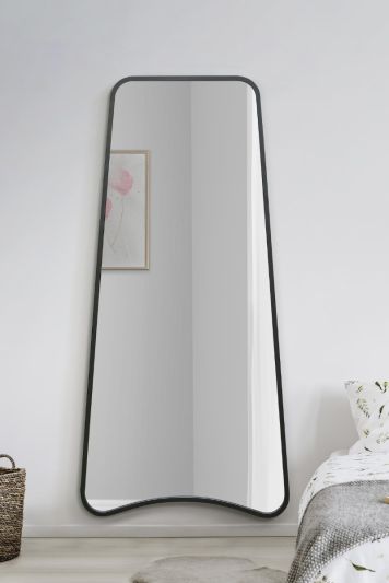 The Coartans - New Black Metal Isoscelles Trapezoid Shape Framed Wall Mirror with arched bottom. 71" X 34" (180CM X 85CM).
