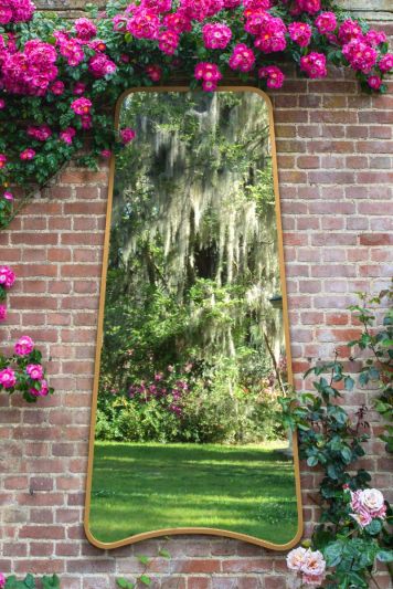 The Coartans - New Gold Metal Isoscelles Trapezoid Shape Framed Garden Wall Mirror with arched bottom. 71" X 34" (180CM X 85CM)