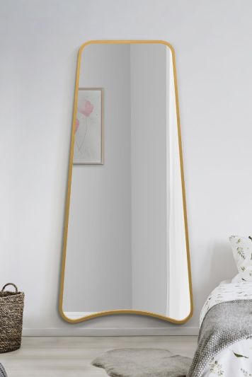The Coartans - New Gold Metal Isoscelles Trapezoid Shape Framed Wall Mirror with arched bottom. 71" X 34" (180CM X 85CM).