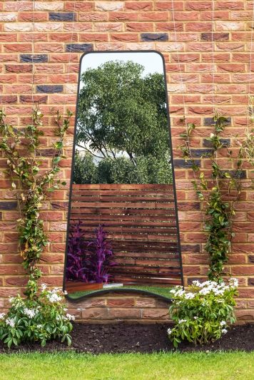 The Coartans - New Black Metal Isoscelles Trapezoid Shape Framed Garden Wall Mirror with arched bottom. 79" X 38" (200CM X 95CM)