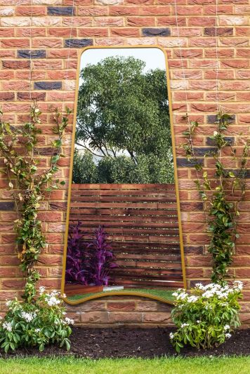 The Coartans - New Gold Metal Isoscelles Trapezoid Shape Framed Garden Wall Mirror with arched bottom. 79" X 38" (200CM X 95CM)