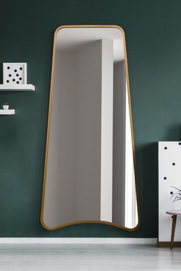 The Coartans - New Gold Metal Isoscelles Trapezoid Shape Framed Wall Mirror with arched bottom. 79" X 38" (200CM X 95CM).