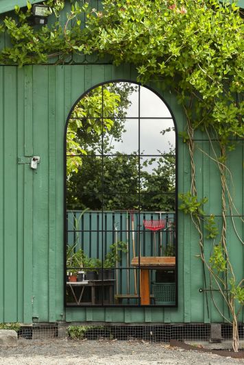 The Fenarc - Black Metal Framed Arched Window Wall Garden Mirror 71" X 35" (180CM X 90CM)