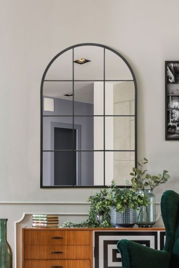 The Fenarc - Black Metal Framed Arched Window Wall Mirror 47" X 31" (120CM X 80CM)