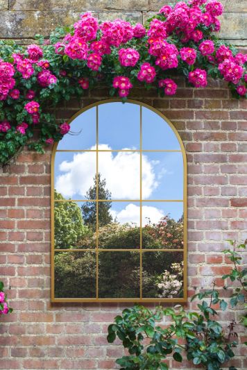 The Fenarc - Gold Metal Framed Arched Window Wall Garden Mirror 47" X 31" (120CM X 80CM)