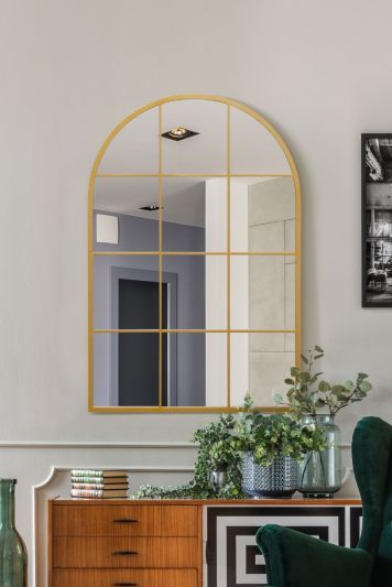 The Fenarc - Gold Metal Framed Arched Window Wall Mirror 47" X 31" (120CM X 80CM)