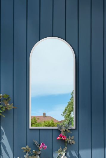 The Arcus - White Metal Framed Arched Garden Wall Mirror 31" X 16" (80CM X 40CM). Suitable for Outside and Inside.