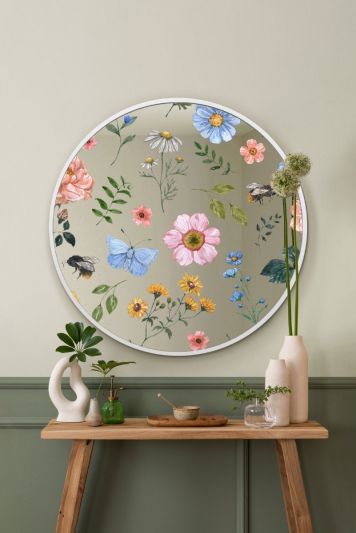 The Typis - White Metal Edged Circular Modern Wall Mirror With Colour Flower Decals 31" (80CM) Diameter