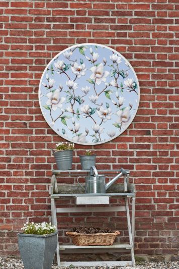 The Typis - White Metal Edged Circular Modern Garden Wall Mirror With White Flower Decals 31" (80CM) Diameter