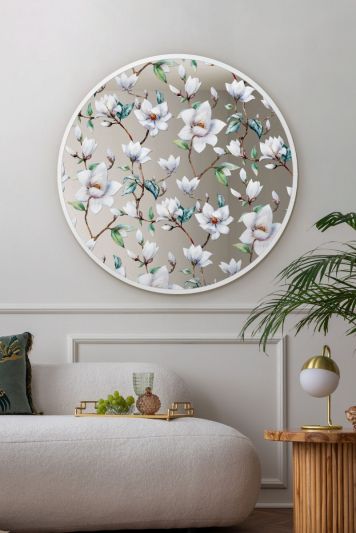 The Typis - White Metal Edged Circular Modern Wall Mirror With White Flower Decals 31" (80CM) Diameter