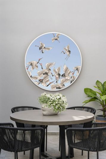The Typis - White Metal Edged Circular Modern Garden Wall Mirror With Stork Decals 31" (80CM) Diameter