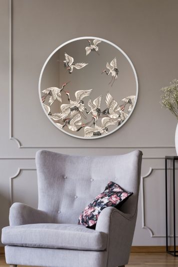 The Typis - White Metal Edged Circular Modern Wall Mirror With Stork Decals 31" (80CM) Diameter