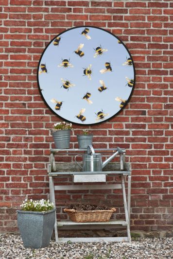 The Typis - Black Metal Edged Circular Modern Garden Wall Mirror With Bumble Bee Design 31" (80CM) Diameter