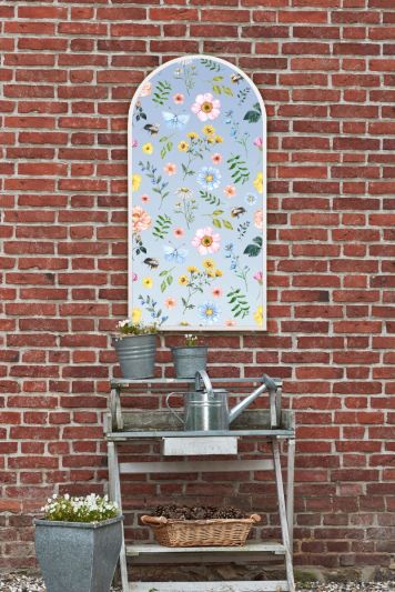 The Typis - White Metal Edged Arch Modern Garden Wall Mirror With Colour Flower Decals 47" X 24" (120CM X 60CM)