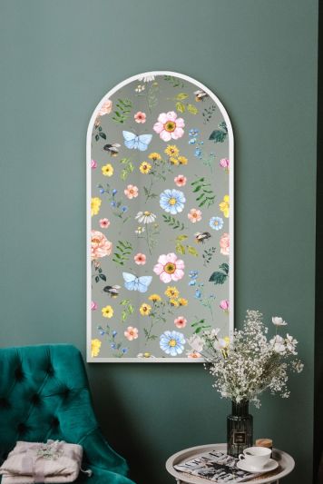 The Typis - White Metal Edged Arch Modern Wall Mirror With Colour Flower Decals 47" X 24" (120CM X 60CM)
