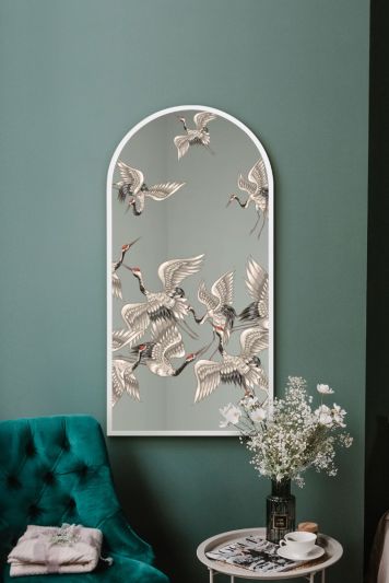 The Typis - White Metal Edged Arch Modern Wall Mirror With Stork Decals 47" X 24" (120CM X 60CM)