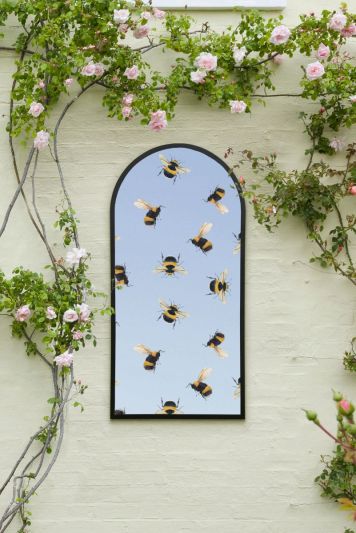 The Typis - Black Metal Edged Arch Modern Garden Wall Mirror With Bumble Bee Decals 47" X 24" (120CM X 60CM)