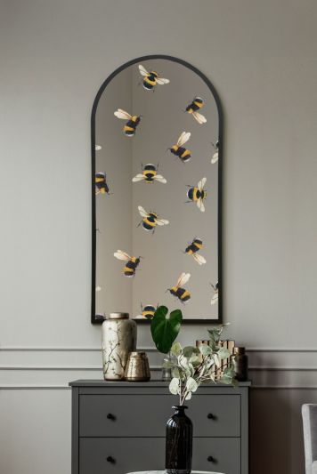 The Typis - Black Metal Edged Arch Modern Wall Mirror With Bumble Bee Decals 47" X 24" (120CM X 60CM)