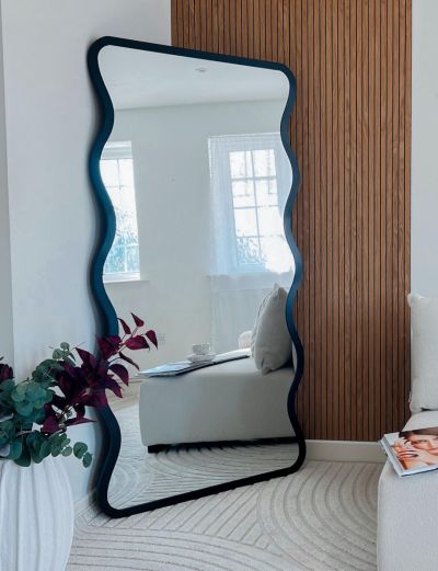 The Fluctus - New Black Metal Rectangular  Wavy Framed Wall Mirror. Landscape or Portrait 67" X 31" (170CM X 80CM).