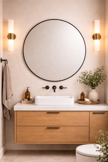 Round Metal Bathroom Mirror 100cm – Large Circular Wall Mounted Mirror – Modern Black Frame Vanity Mirror – Contemporary Bathroom, Toilet, Ensuite