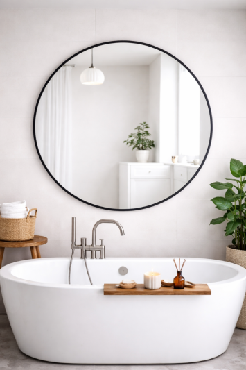 Round Metal Bathroom Mirror 120cm – Large Circular Wall Mounted Mirror – Modern Black Frame Vanity Mirror – Contemporary Bathroom, Toilet, Ensuite