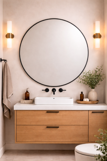 Round Metal Bathroom Mirror 110cm – Large Circular Wall Mounted Mirror – Modern Black Frame Vanity Mirror – Contemporary Bathroom, Toilet, Ensuite