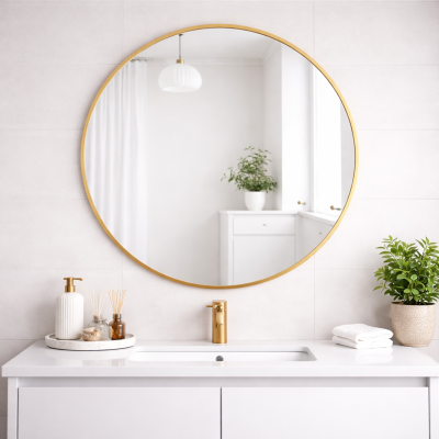 The Fenestra - Gold Edged Circular Modern Wall Mirror Round Metal Bathroom Mirror 90cm – Large Circular Wall Mounted Mirror – Modern Black Frame Vanity Mirror – Contemporary Bathroom, Toilet, Ensuite" (90CM) Diameter