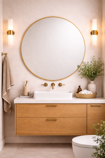 Round Metal Bathroom Mirror 100cm – Large Circular Wall Mounted Mirror – Modern Gold Frame Vanity Mirror – Contemporary Bathroom, Toilet, Ensuite