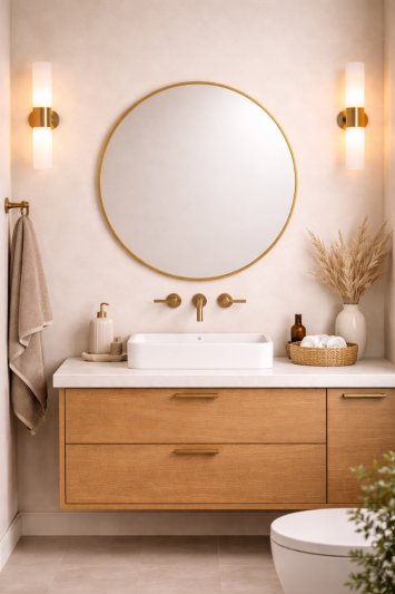 Round Metal Bathroom Mirror 80cm – Large Circular Wall Mounted Mirror – Modern Gold Frame Vanity Mirror – Contemporary Bathroom, Toilet, Ensuite