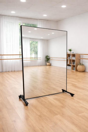 Full Length Portable Mirror 188cm x 120cm – Mobile Freestanding Dance Studio Mirror with Lockable Rolling Swivel Wheels, Black Frame