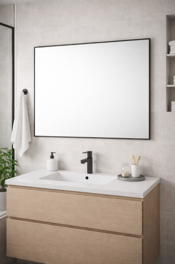 Bathroom Aluminium Metal Modern Black Mirror 90 x 60cm – Wall Mounted Rectangular Mirror – Portrait or Landscape Hanging – Sleek Contemporary Frame