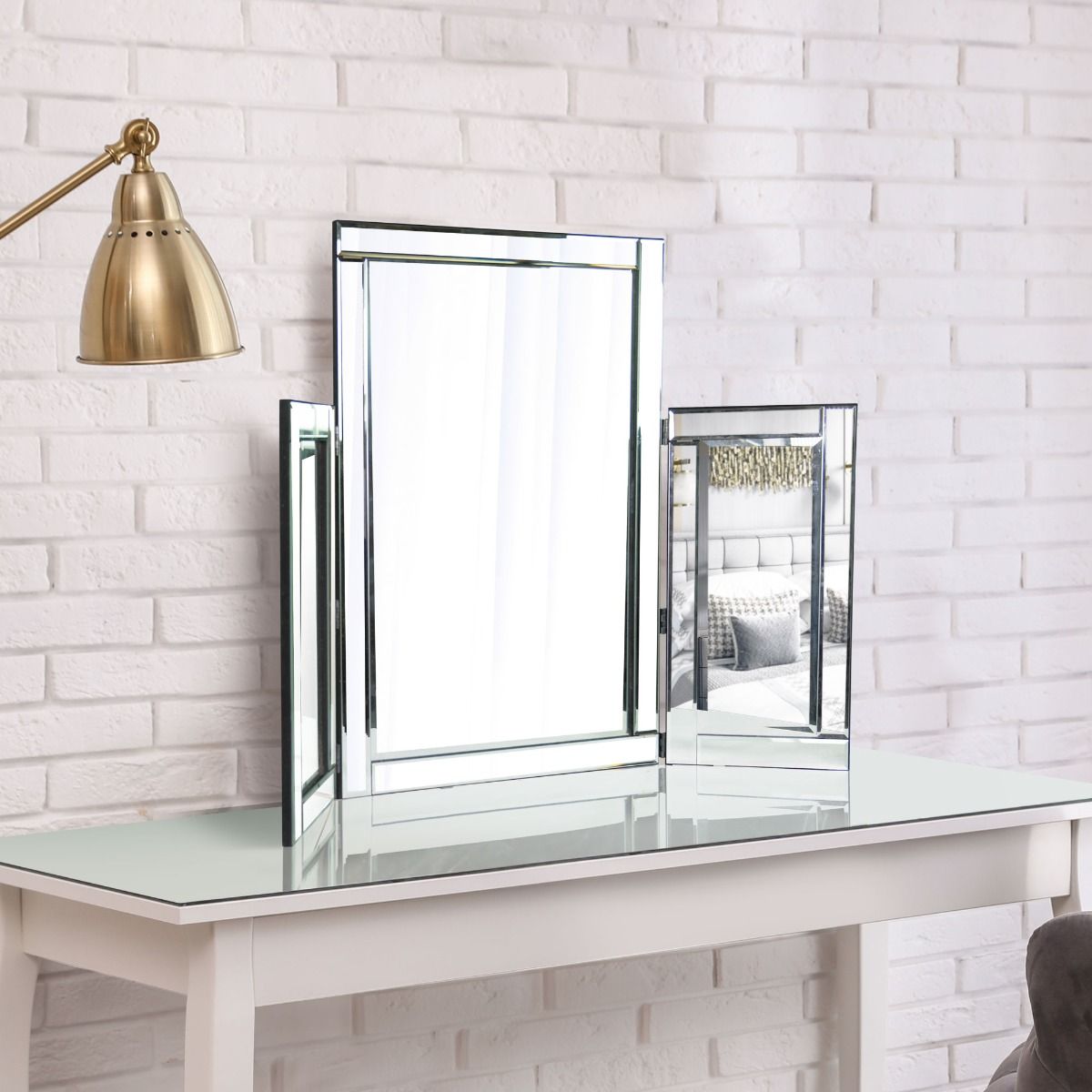 The Moreton - All Glass Tri Fold Bevelled Dressing Table Mirror - Free  Standing 30" X 22" (76x54CM)