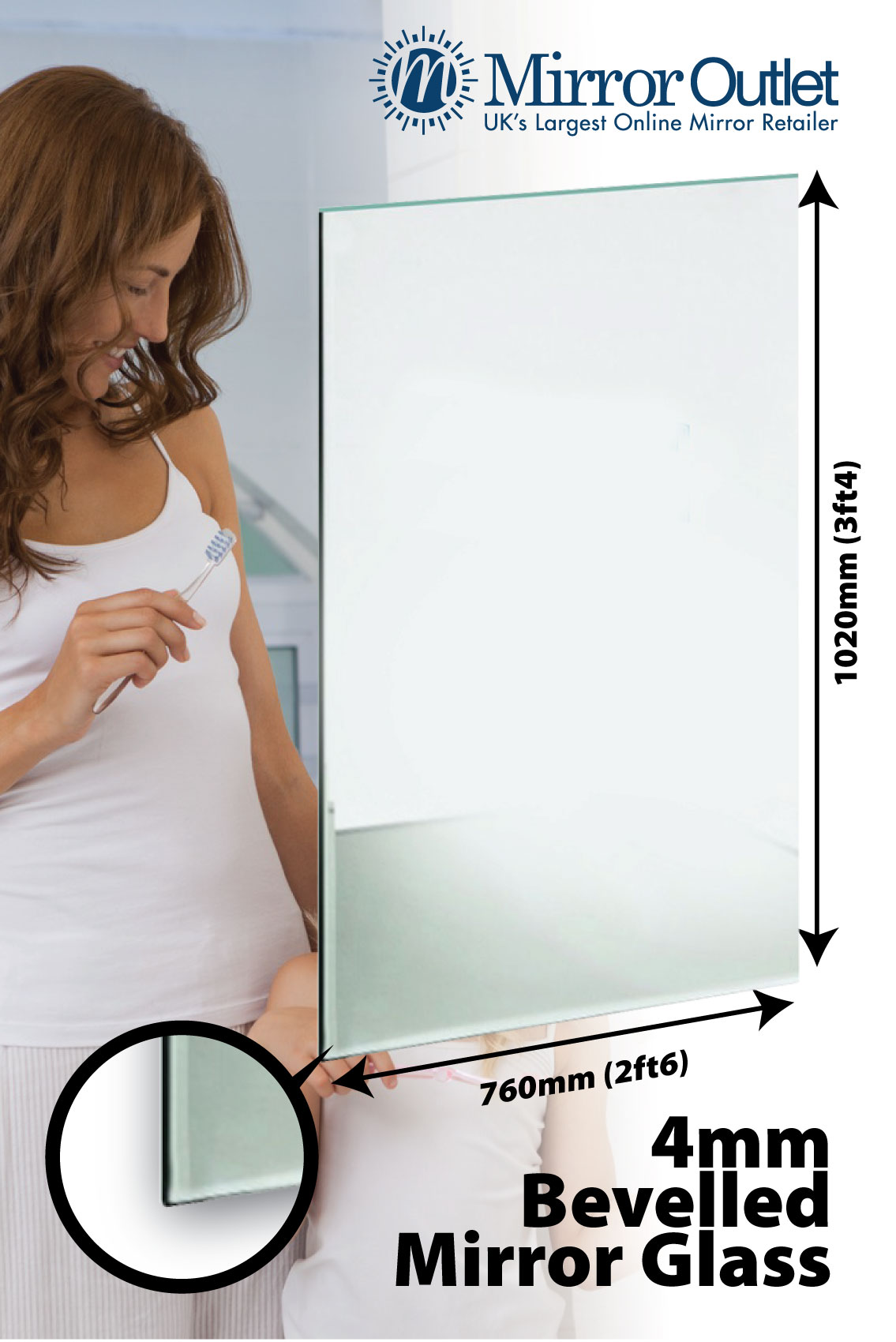 Bevelled Bathroom Mirror Glass 4mm Thick 3Ft4 X 2Ft6 102cm X 76cm