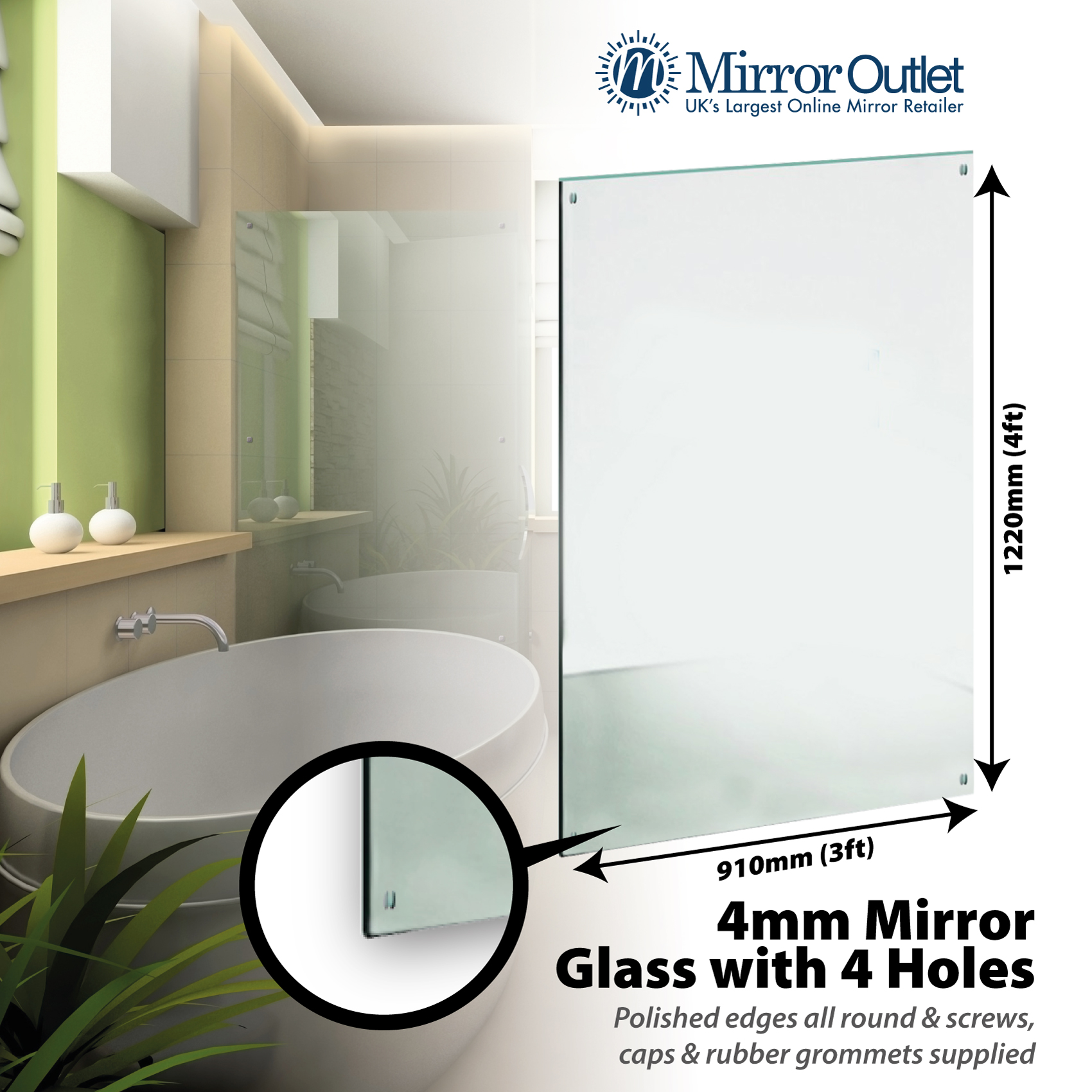 Bathroom Mirror Glass 4 Holes 4mm Thick 4Ft X 3Ft 122cm X 91cm