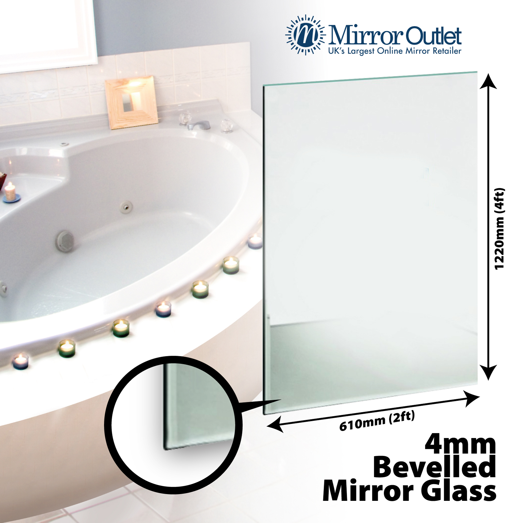 Large Bevelled Bathroom Mirror Glass 4mm Thick 4Ft X 2Ft 122 X 61 cm