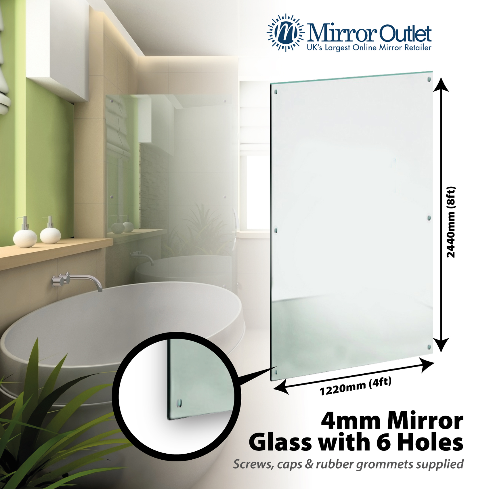 Extra Large Bathroom Gym Mirror Glass With 6 Holes 8ft x 4ft 4mm Thick