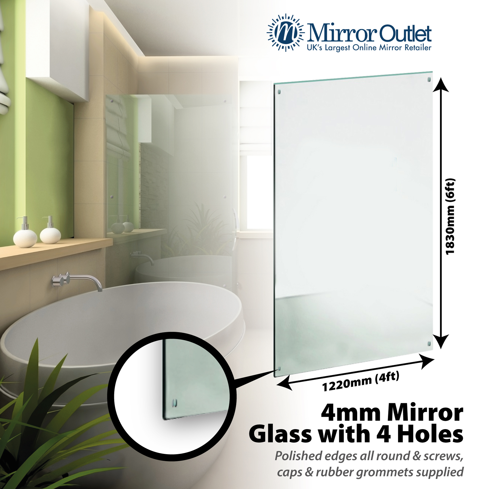 Bathroom Mirror Glass with polished edges and 4 holes 183cm X 122cm 6Ft