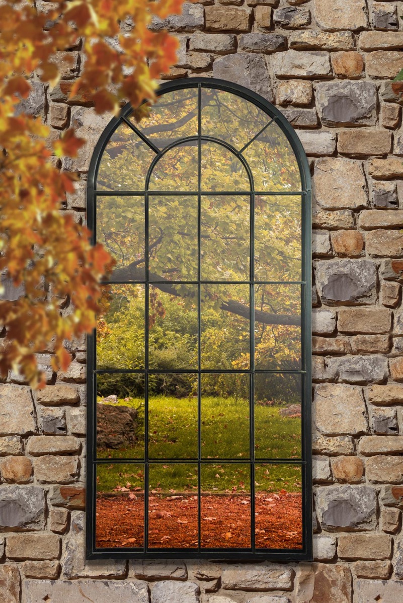 Black Multi Panelled Arched Window Garden Outdoor Mirror
