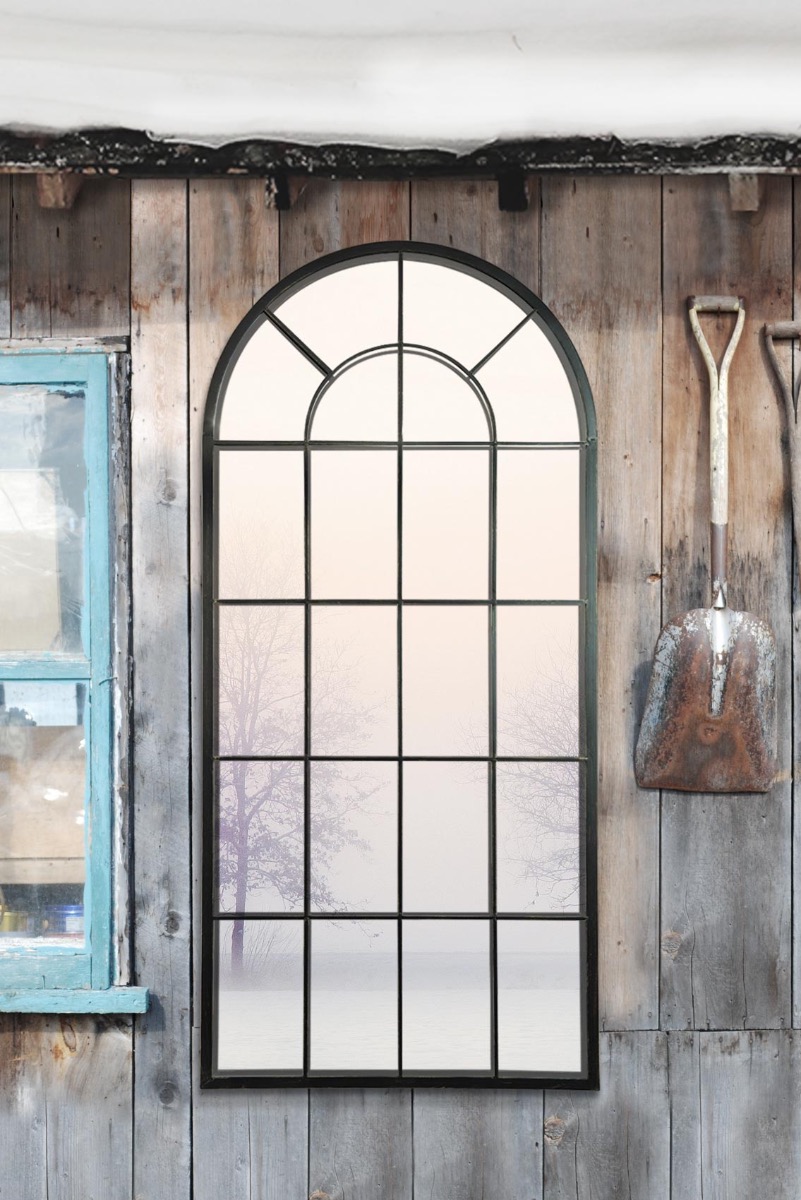 New Black Multi Panelled Arched Window Garden Outdoor Mirror 4ft7 x