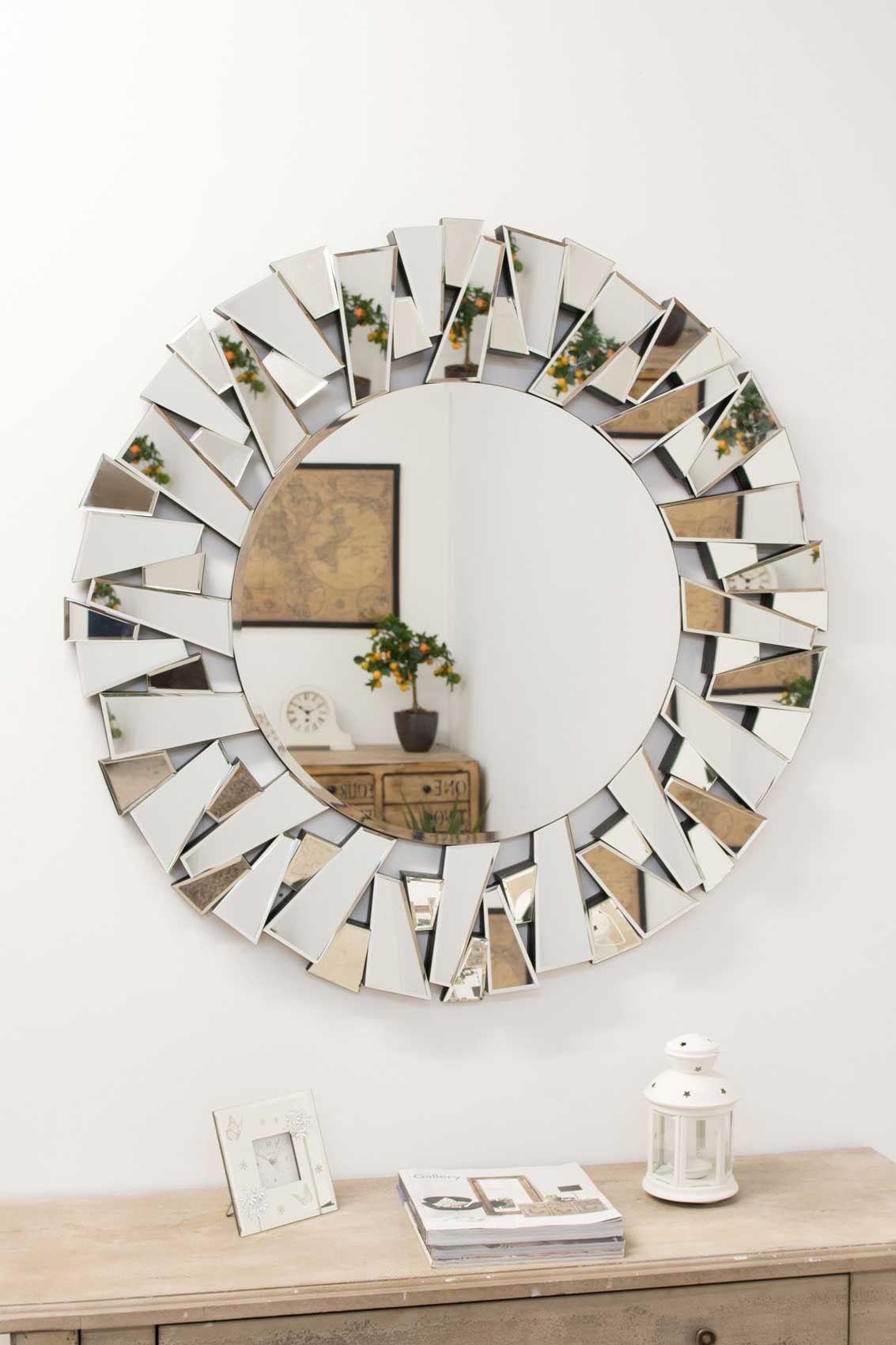 Modern Unique Multi Facet Sunburst All Glass Round Wall Mirror