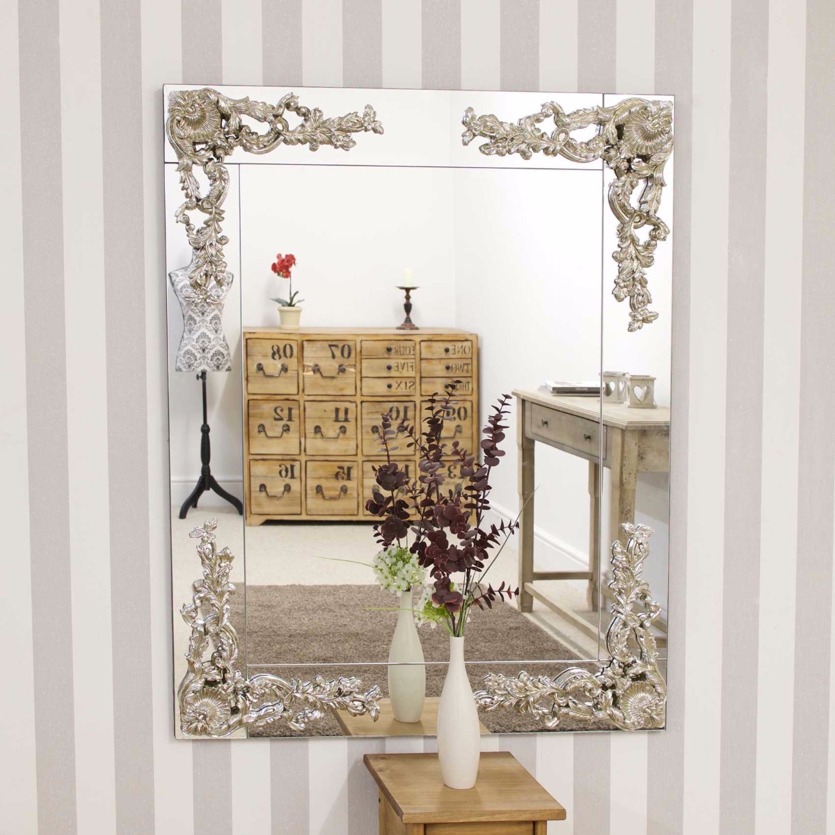 Large Silver Corner Style Wall Mirror 3Ft5 X 2Ft9 104cm X 84cm