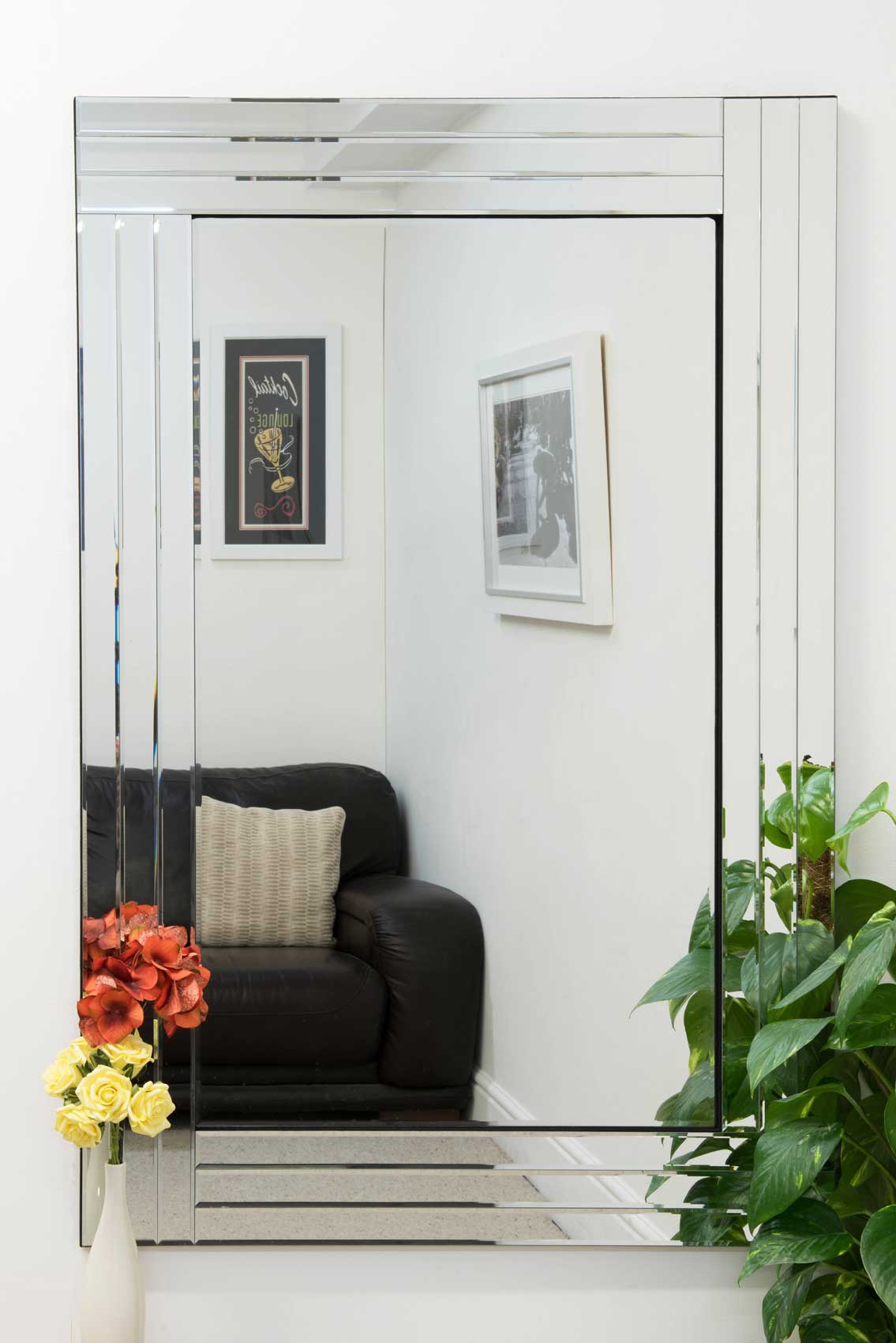 Large Silver Bevelled Modern All Glass Wall Mirror 3Ft11 X 2Ft8 120cm X