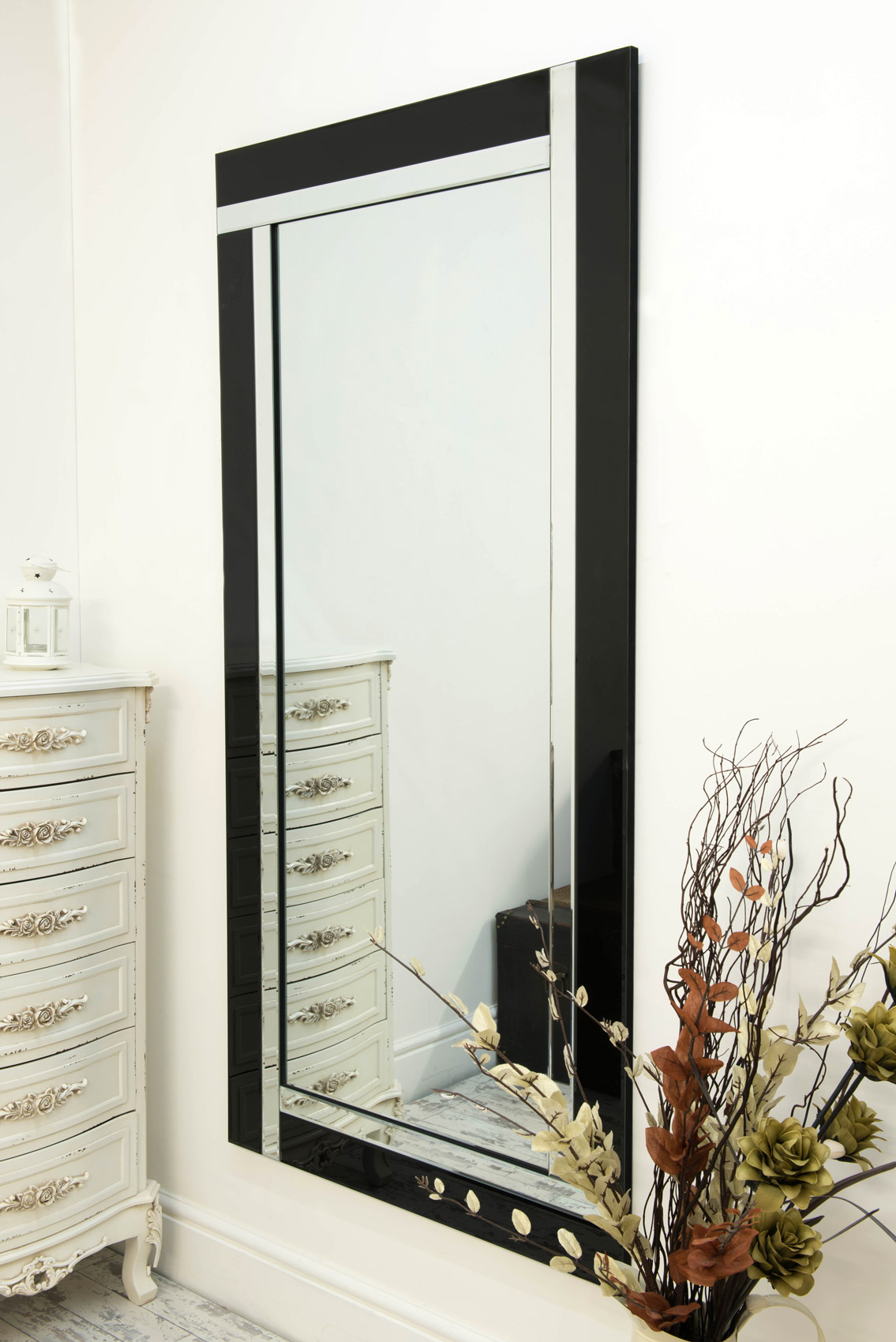 Large Black and Silver Full Length Bevelled Wall Mirror 5Ft9 X 2Ft9